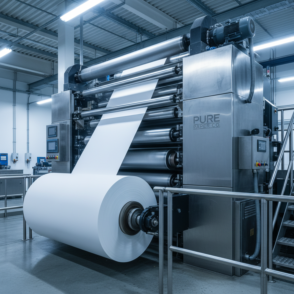 A detailed close-up of a massive, high-speed automated paper-making machine producing a continuous roll of smooth, high-quality white paper in a clean industrial setting.