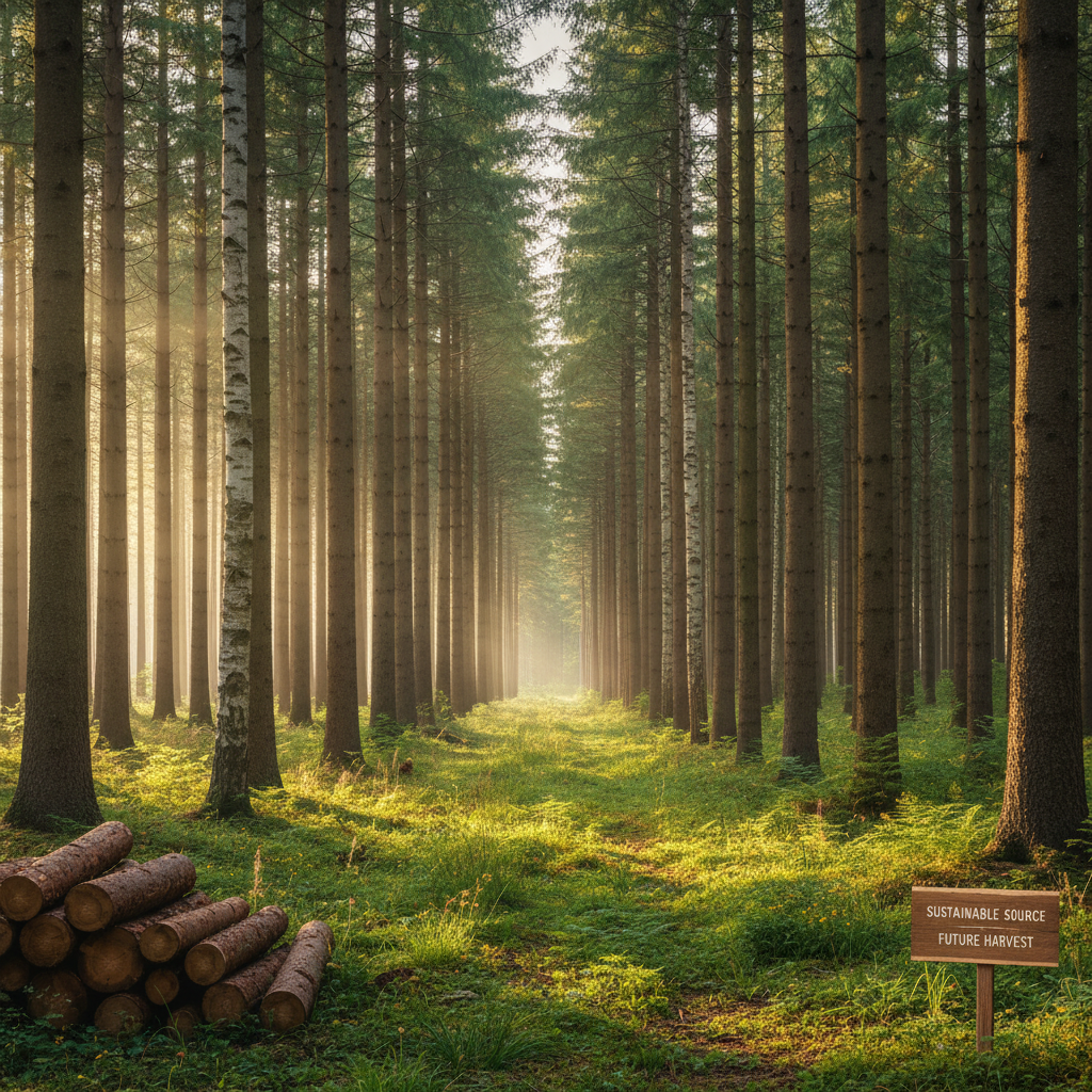 A serene and vibrant image of a managed forest with tall, straight trees and sunlight filtering through the leaves, representing sustainable wood pulp sourcing for the paper industry.
