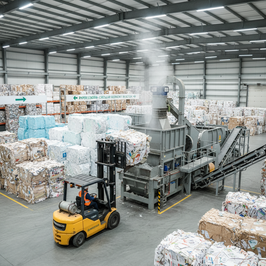 An organized recycling facility scene showing large stacks of sorted waste paper being moved by a forklift into a pulping machine, highlighting the circular economy of paper production.