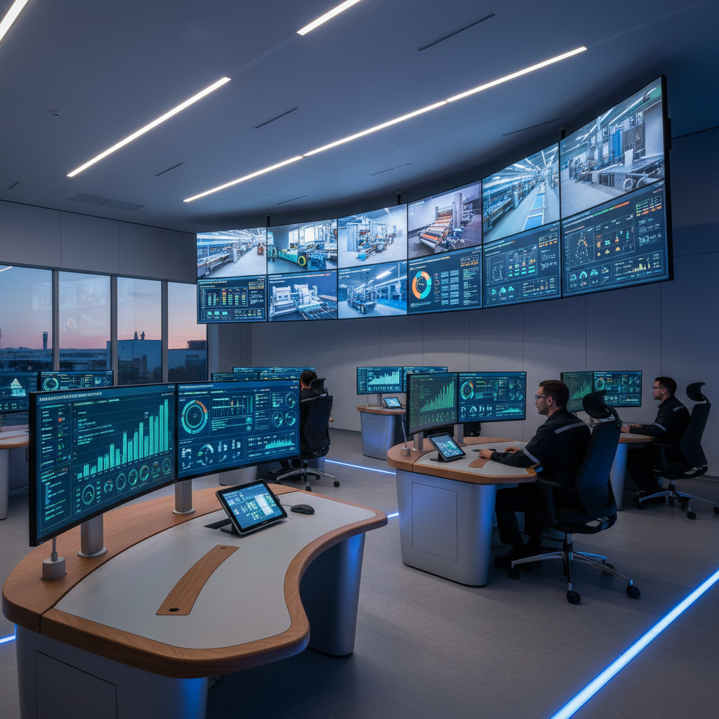 An advanced industrial control room with ergonomic desks and multiple large digital screens displaying real-time data and graphs of the paper production line's efficiency and quality control.