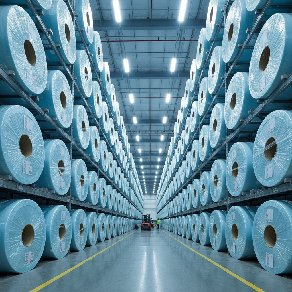 A vast, neatly organized warehouse filled with towering stacks of giant paper rolls wrapped in protective film, illuminated by soft industrial LED lighting with a sense of immense scale.